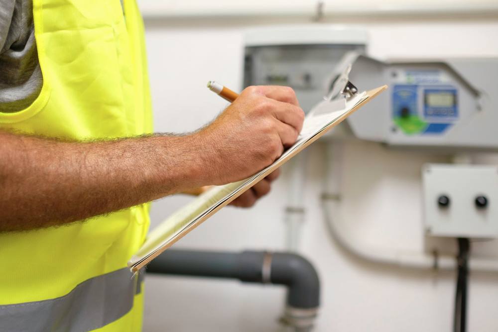 Technik kontroluje rozvody a zapisuje hodnoty